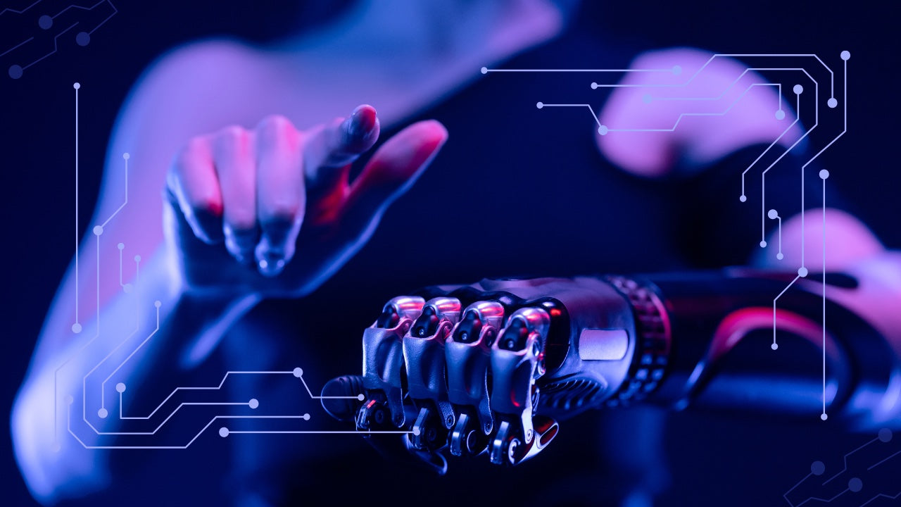 Robot hand interacting with a human hand against a futuristic background